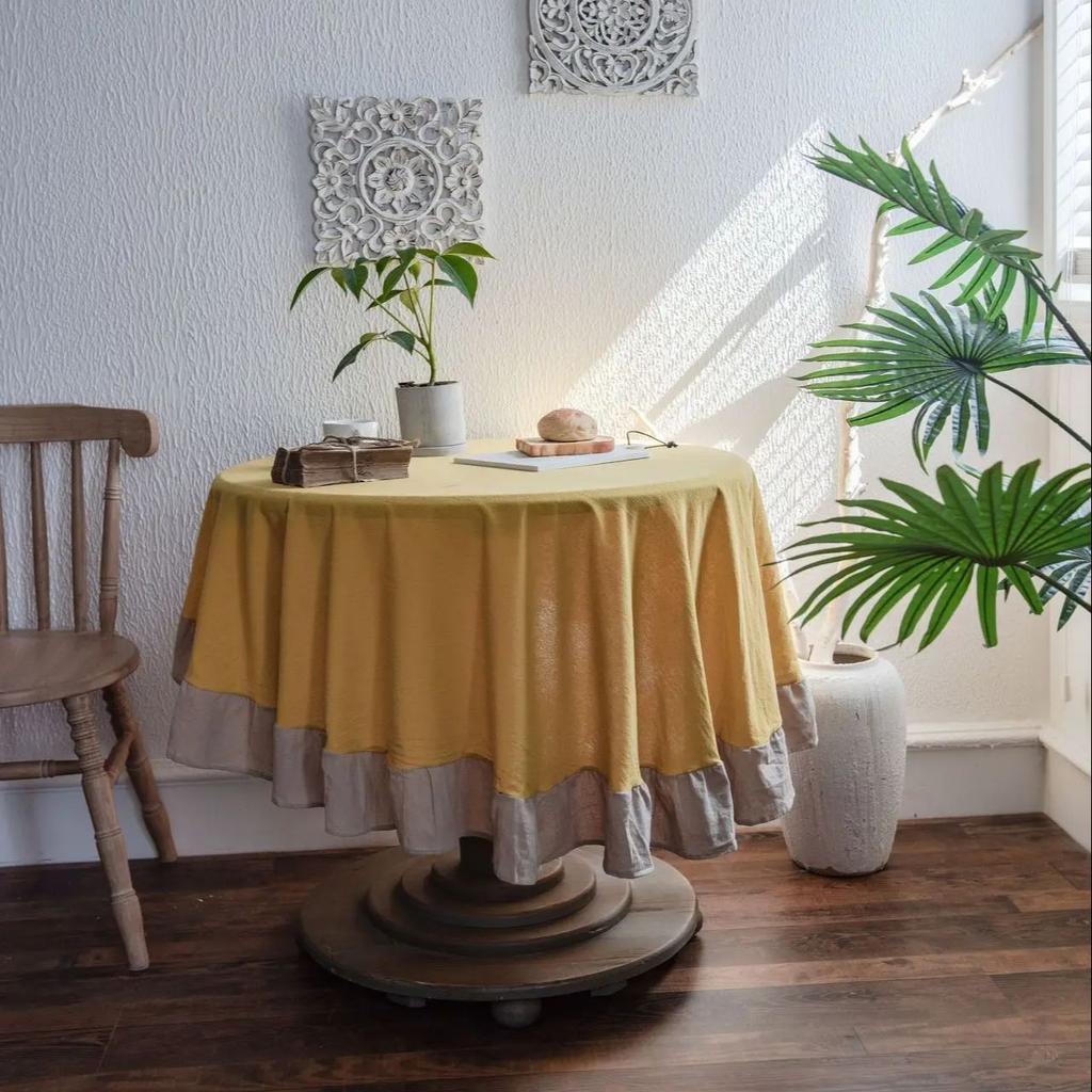 French Romantic Simple Ruffle Tablecloth Cotton Linen Table Cover American Round Tea Table Literary Retro Party Decoration
