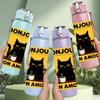 1PC Bonjour Cat Coffee Letter 750ml Color Plastic Sports Water Bottle Leakproof Flip Straw Lid For Sports Office Home Use