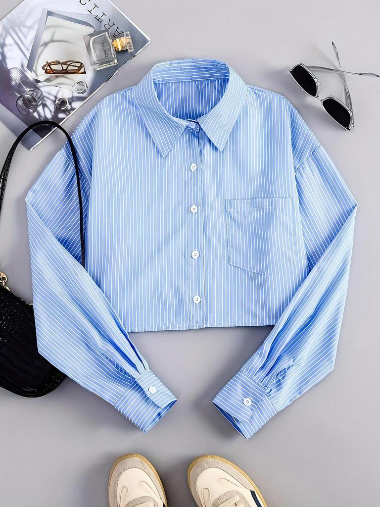 AMIANCIENT Women's Striped Long-Sleeve Cropped Cardigan Shirt, American Spicy Girl Style, Blue Top