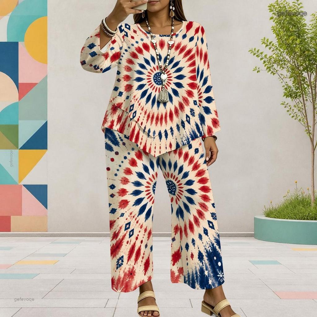 Women Plus Size Dark Navy Printed Two Piece Set Round Neck Long Sleeve Top Wide Leg Cropped Pants
