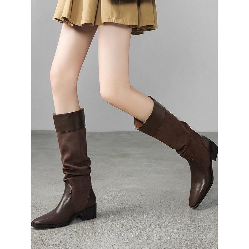 2025 Autumn Retro Chunky Heel Women's Knight Boots - Pointed Toe, Ruched Slouch, English Western Style High Boots