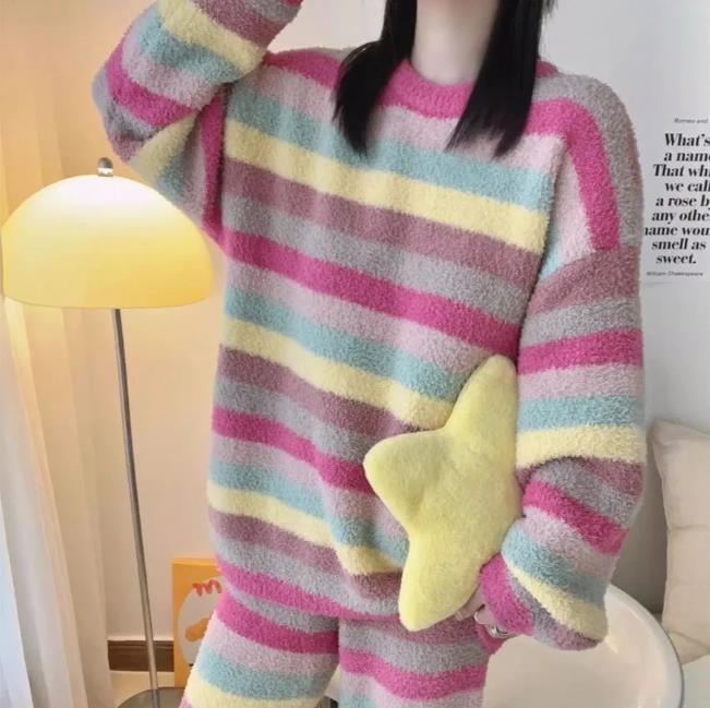 Winter Suit for Women Cute Rainbow Pattern Korean Style Simple Half-Fleece Warm Homewear Women's Winter Set