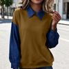 Women's Fashion Color Block Collared Long Sleeve Casual Loose Fit Patchwork Denim Sweatshirt Top
