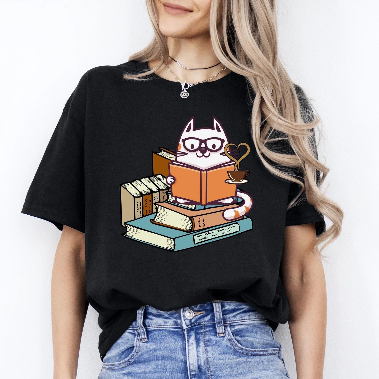 Футболка с кошкой, читающей книгу, подарок Кофе книги Кошачья мама Унисекс Футболка Черный Темно-синий Темный Он S