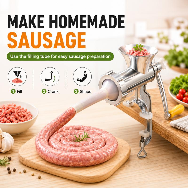 ZNLYRION Stainless Steel Manual Meat Grinder Hand Crank Mincer Sausage Stuffer Machine Table Clamp Design Household Kitchen Tool for Mincing Meat