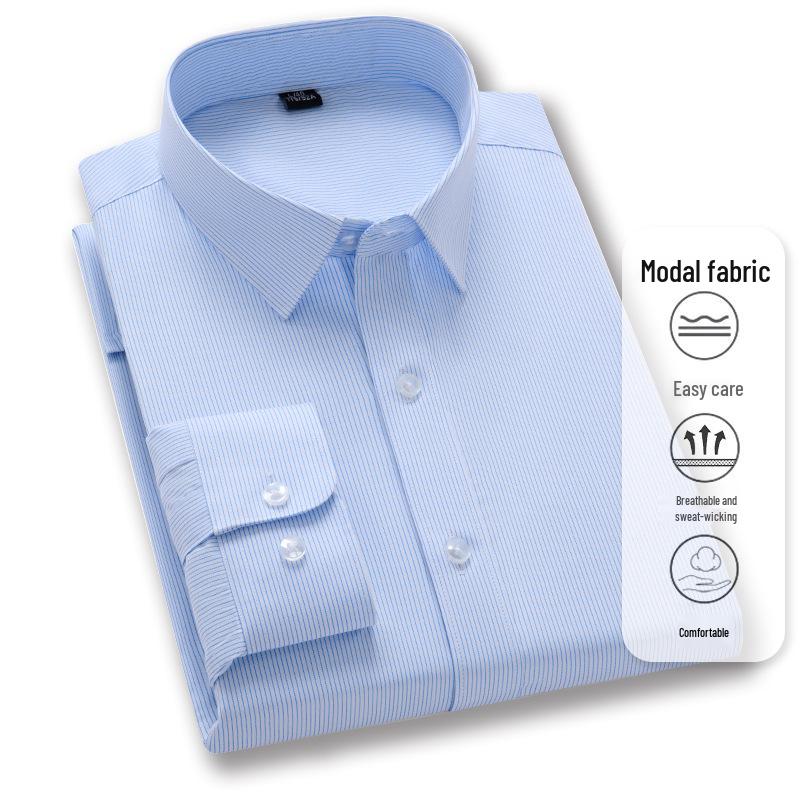 Men's Professional Striped Modal Long-Sleeve Shirt, Non-Iron, Casual Business Wear for Spring and Autumn