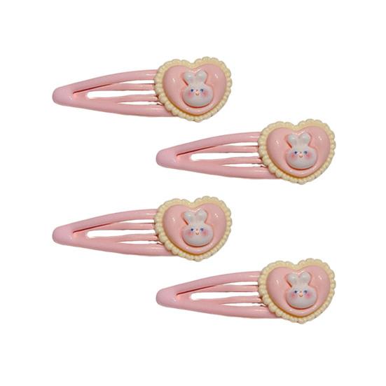 4Pcs Girl Hairpins Cartoon Rabbit Heart Design BB Clips Low Saturation Pink Hair Pins School Dating Hair