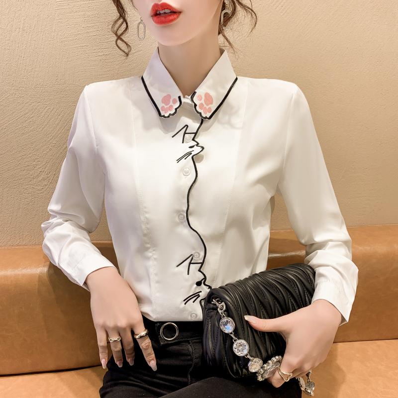 2023 Spring Autumn Cute Top Cat Embroidery Blouse White Long Sleeve Shirt Women Clothing Top Single Breasted Cardigan