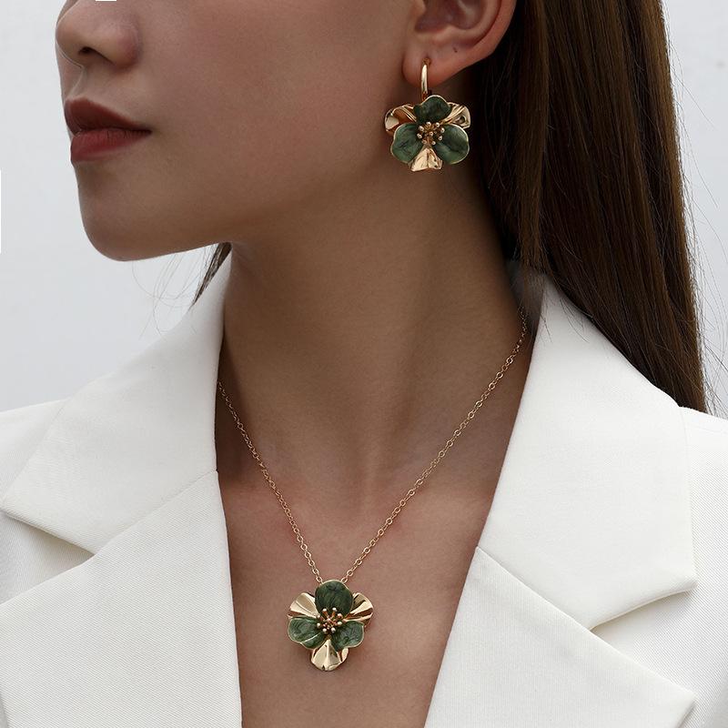 Natural temperament colorful oil dripping flower necklace fashion sweet metal style flower earrings jewelry set women
