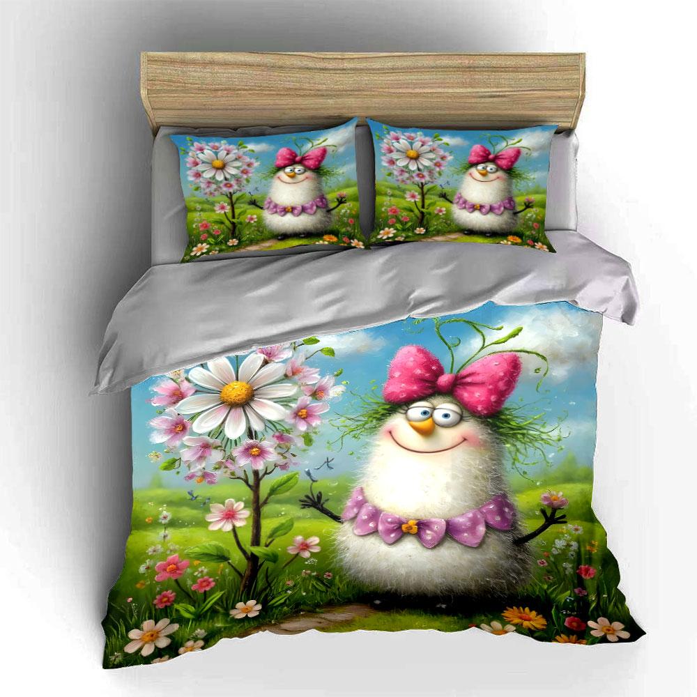 Cute Cartoon Creature With Pink Bow Printed Duvet Cover Set1 Duvet Cover+2 Pillowcasemulti Size Bedroom Bedding Decor