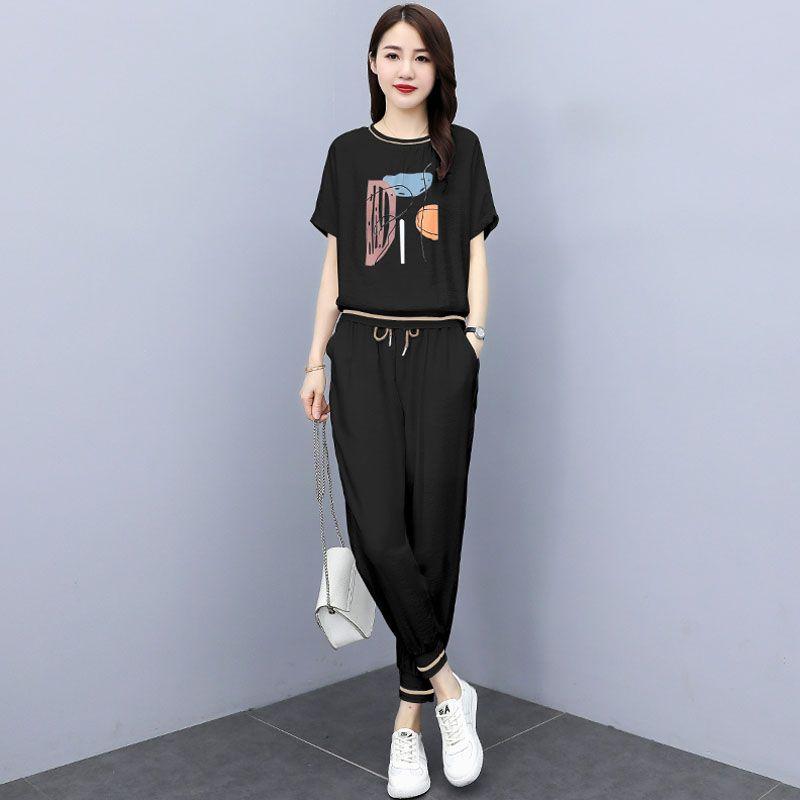 Moda Estiva Donna Tuta Sportiva in Seta Ghiaccio Ampia Giovanile Snellente Set Due Pezzi Abbigliamento Casual alla Moda