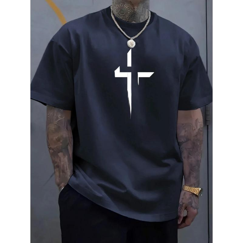 Men's Summer Casual Loose Fit Plus Size Cross Creative Print Sporty Comfortable Crew Neck Short Sleeve T-Shirt