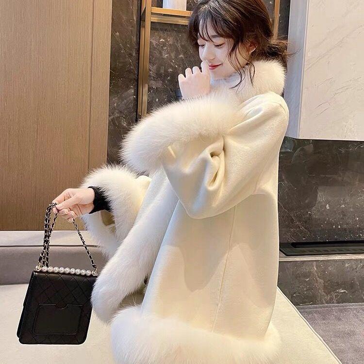 Winter Chinese celebrity style imitation fox fur medium and long coat women's wool cloak thickened coat
