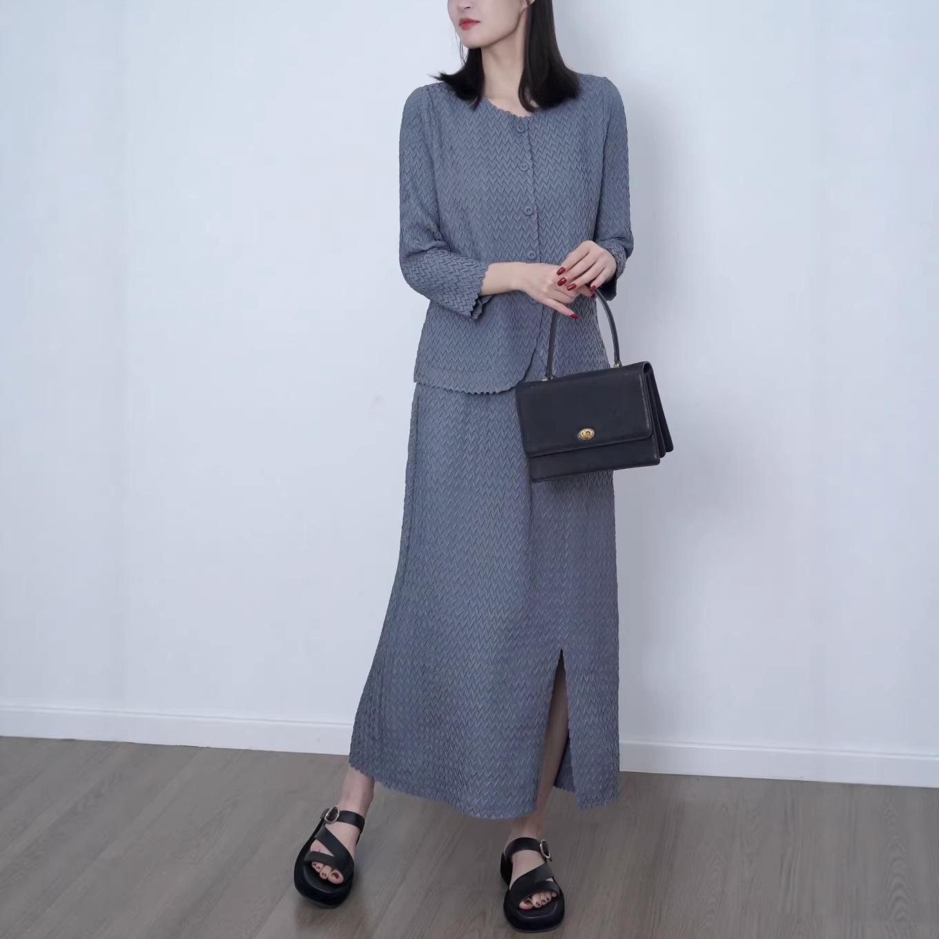 

Women s Handmade Spring 2026 Pleated Cardigan & Long Skirt Set One Size