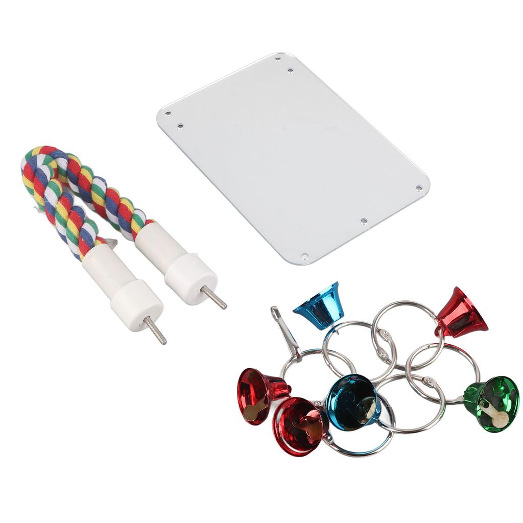 Bird Mirror Toy Colorful Chewing Standing Parrot Perch Mirror with Bell String for Parakeets