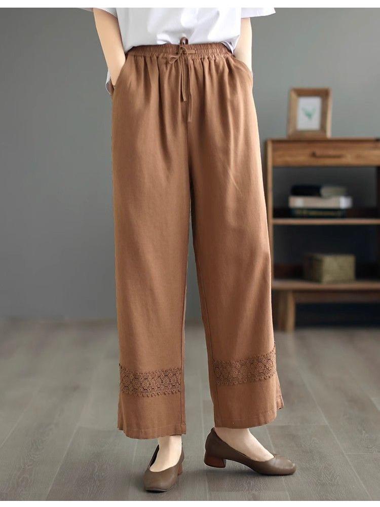 2025 Eleganckie Krótkie Bawełniane Spodnie Proste Damskie Retro Duży Rozmiar Luźne Spodnie z Panelami z Koronki Wiosna Lato Casual Szerokie Nogawki
