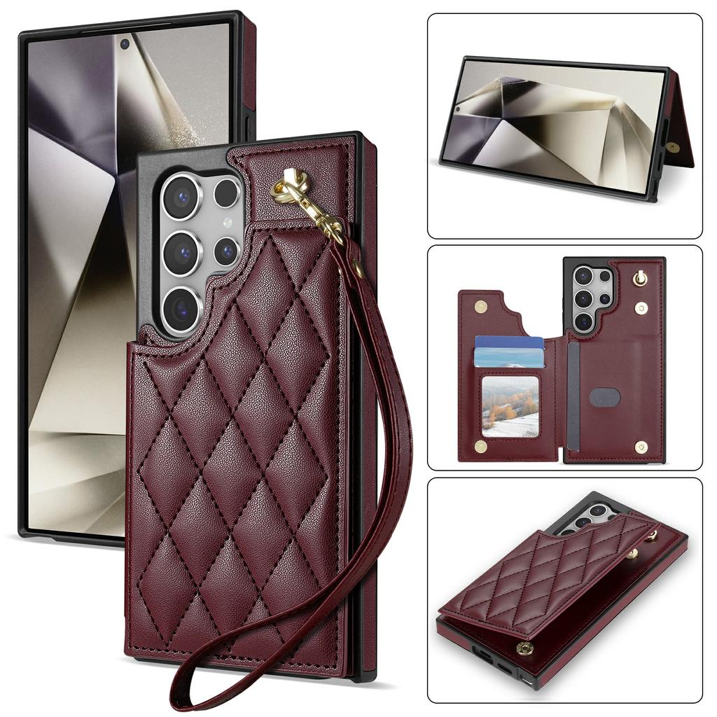 For Samsung Galaxy S24 Ultra Case with Wrist Strap Card Slots Rhombus Leather+TPU Phone Cover