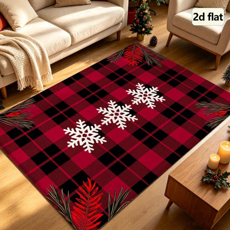 Red Black Buffalo Plaid Snowflake Christmas Decor Rug, All Season Floor Mat for Living Room, Bedroom, Fireplace, Kitchen