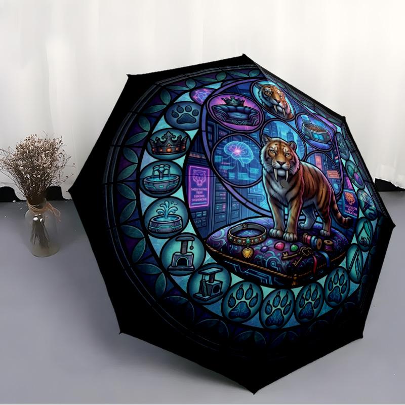 Cybernetic Tiger pattern umbrella, portable and foldable design, 8 ribs, a casual accessory for Halloween, Christmas, and birthday gifts.