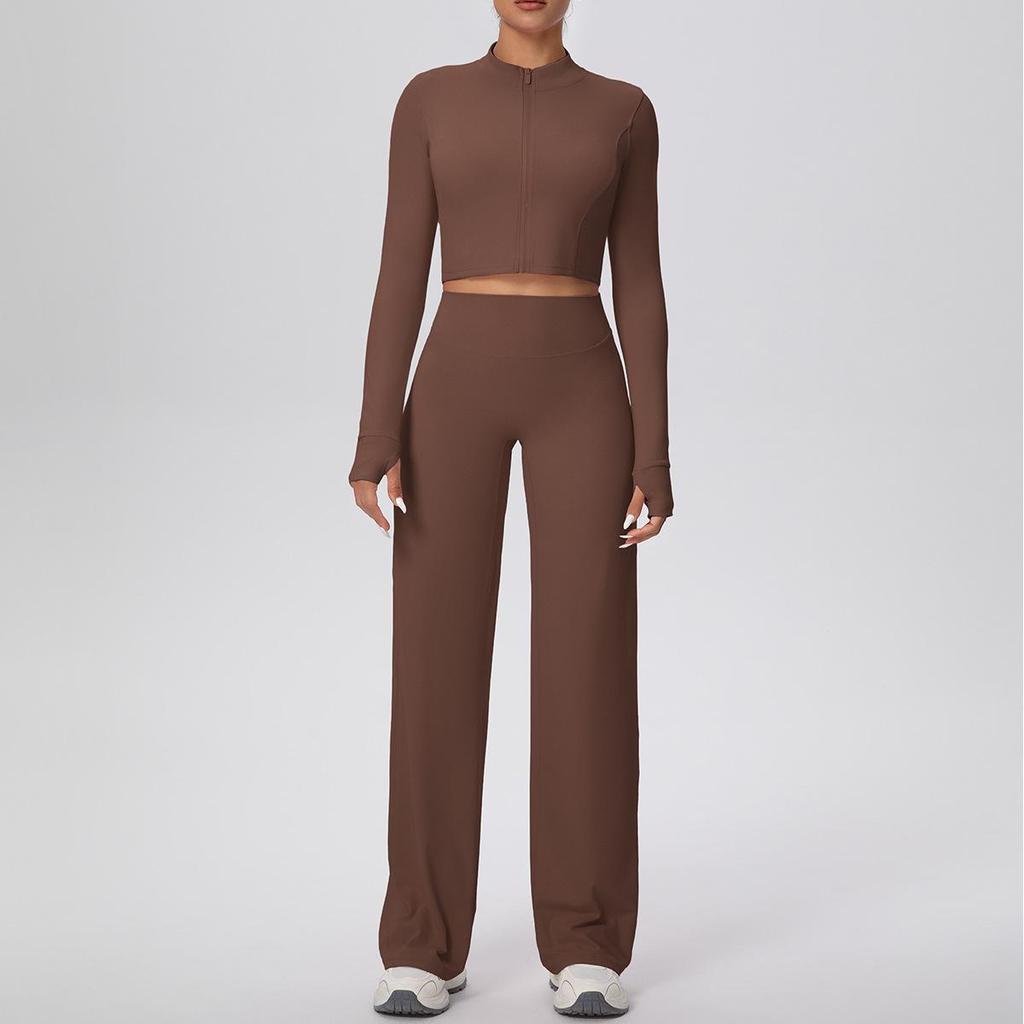 New Cross-border Solid Color Zip Jacket & Wide Leg Yoga Suit - Two-piece Fitness Set