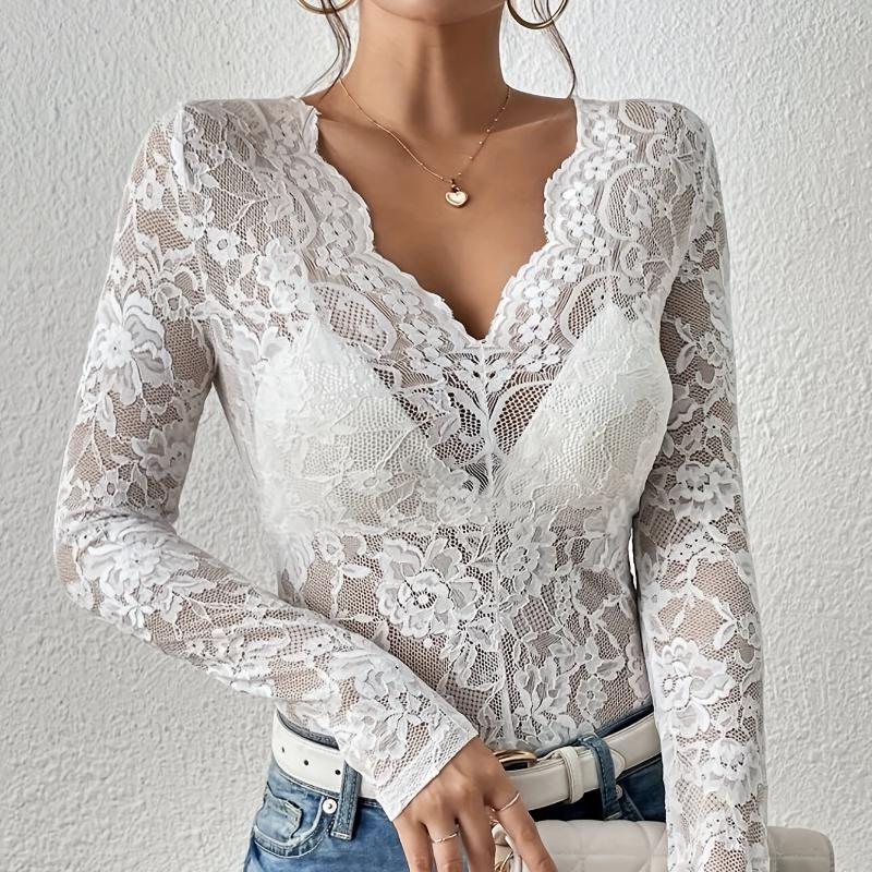 Jarní nové sexy krajkové košile s dlouhým rukávem pro ženy, módní jednobarevné průsvitné slim fit ležérní halenky pro ženy, elegantní háčkované dámské košile 26251