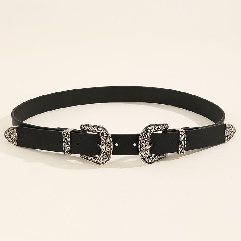 New European and American Vintage Belt, Versatile and Fashionable, Carved Double Buckle Decoration, Jeans Belt for Men and Women