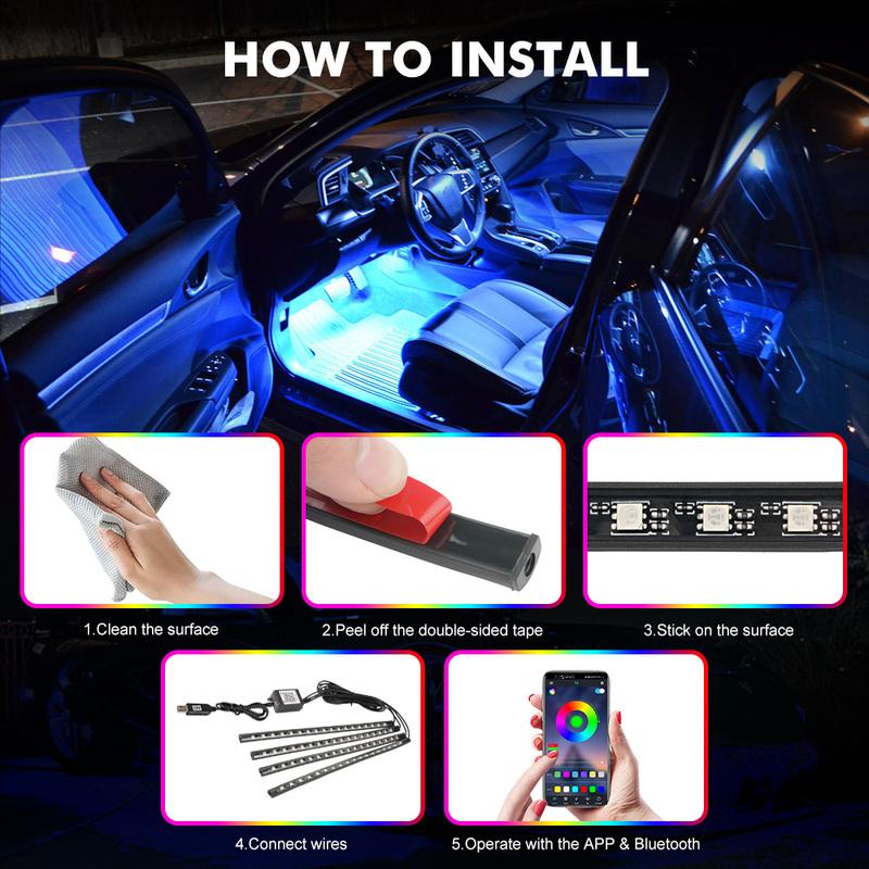 Neon LED Interior Car Light APP Music Remote Control RGB Underglow LED Ambient Light USB/Cigar Plug Auto Atmosphere Lighting 12V