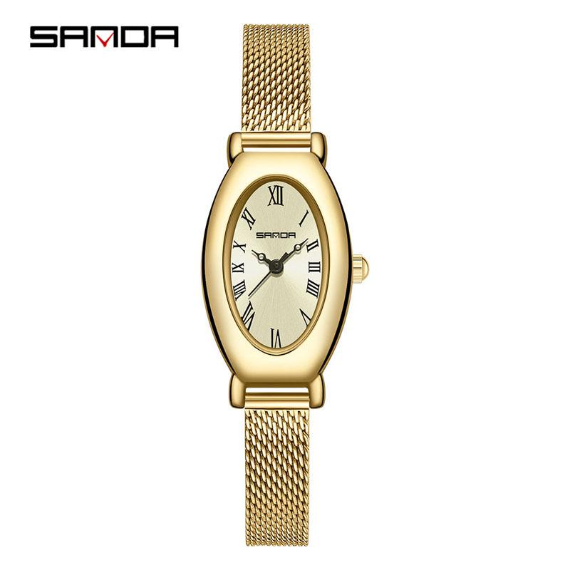 Sanda Gold Steel Band Women's Quartz Watch - Trendy, Waterproof, Simple Roman Dial, Leather Strap
