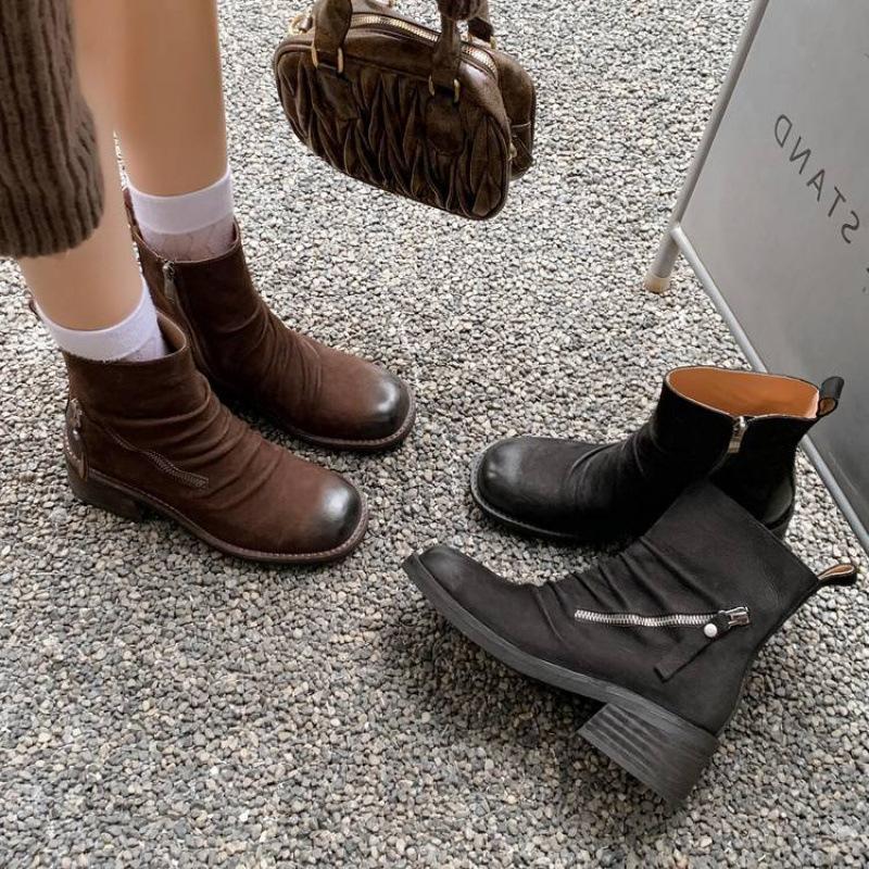 Autumn and winter women's leather boots leather side zipper Martin boots versatile round head comfortable new cowhide thick-soled low boots