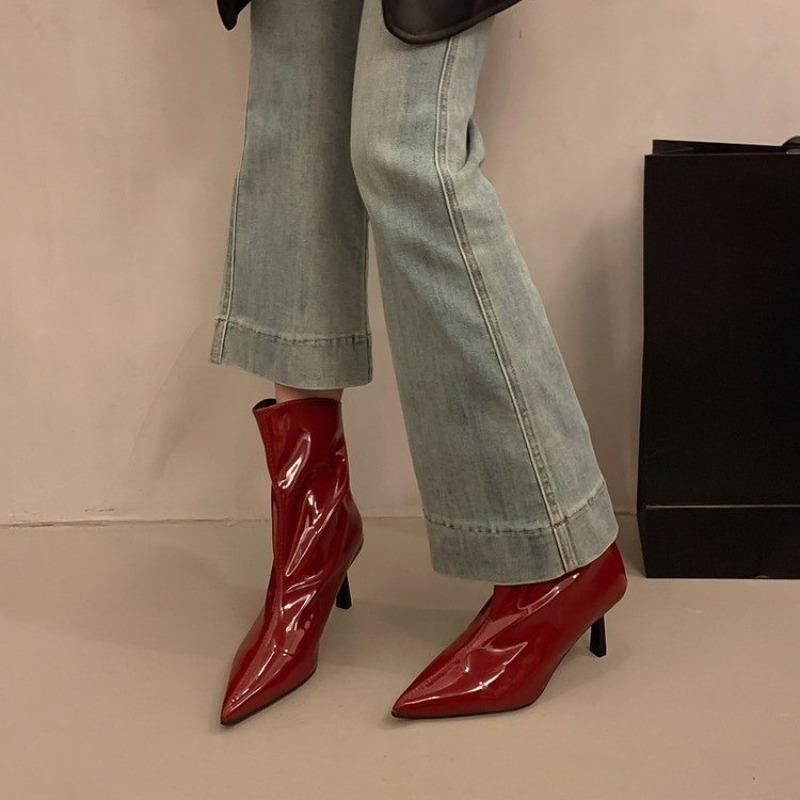Women's Pointed Toe Patent Leather Booties 2026 Spring and Autumn New Slean Skinny Heel Naked Boots