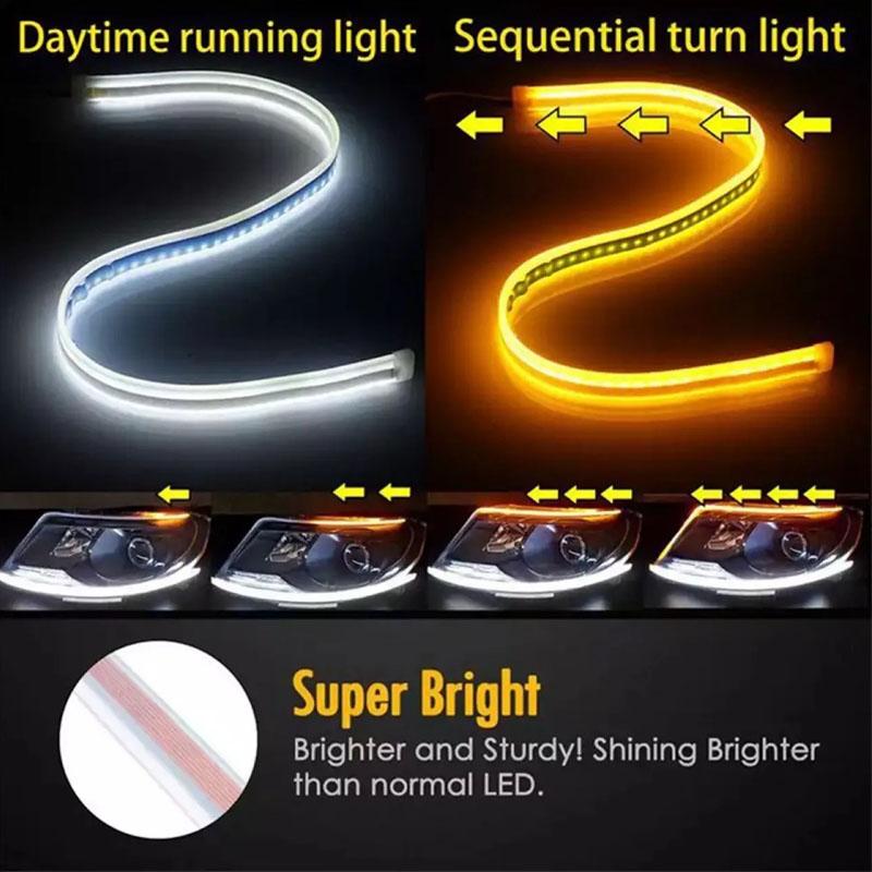 2Pcs LED DRL Car Daytime Running Light Flexible Waterproof Auto Headlights Flowing White Turn Signal Lights Yellow Brake Lamp