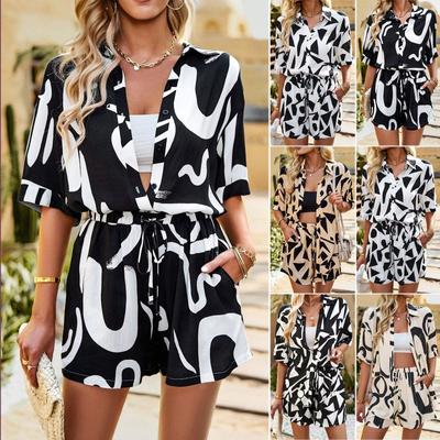 Primavera/Verão Feminino Manga Curta Casual Camiseta Camisa Shorts Dois Moda Impresso Top Conjuntos