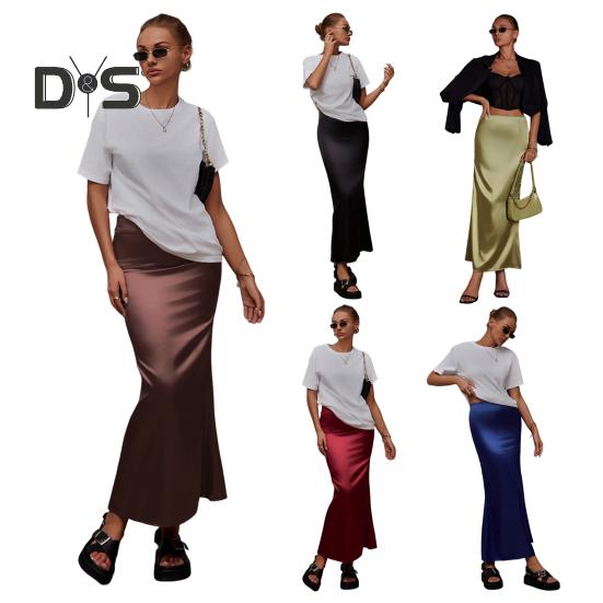 Women Fishtail Skirt with Large Hem High Waist Hip Wrapped Imitation Silk Maxi Skirt Solid Color Slimming Satin Skirt