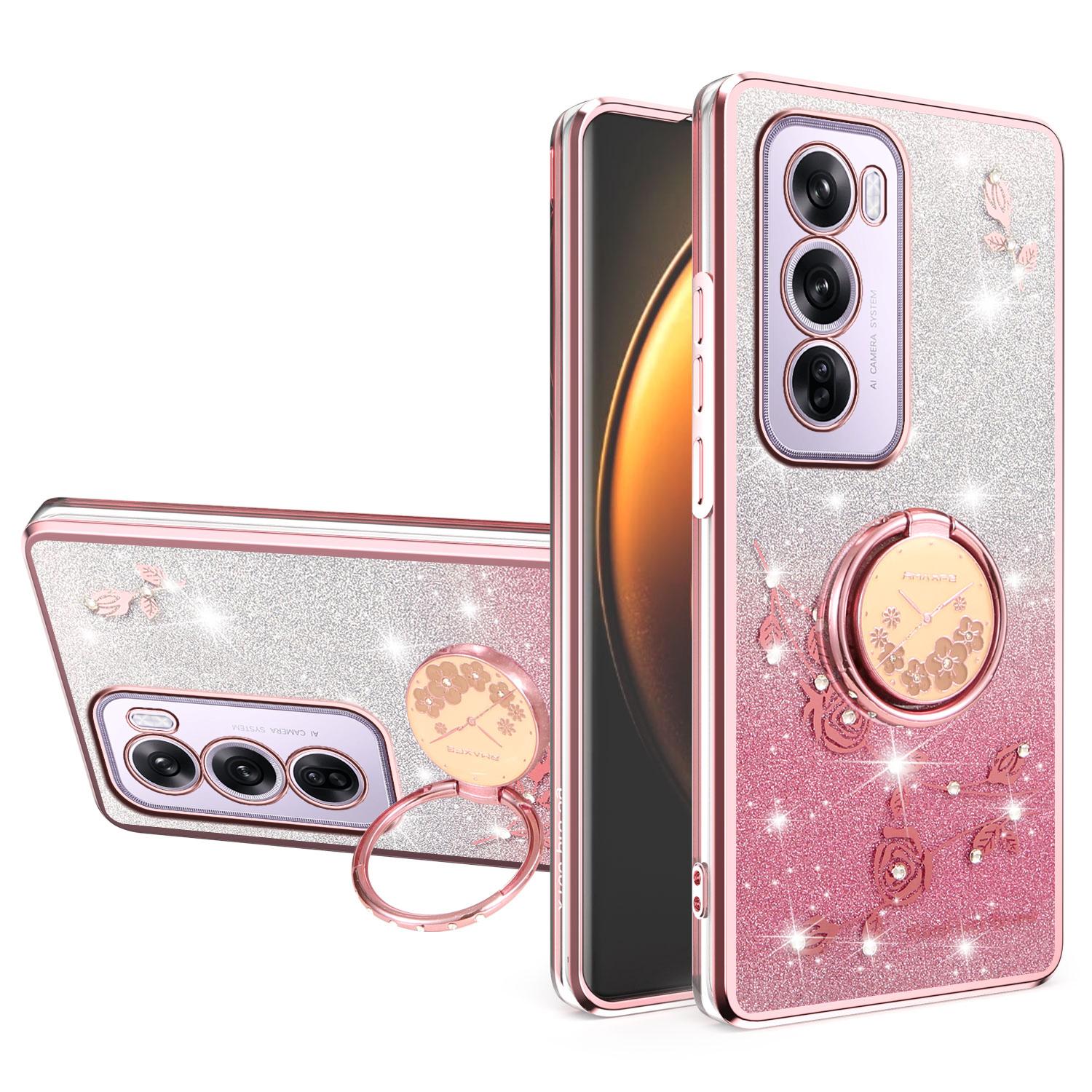 

Для Oppo Reno12 Pro 5G (Глобальний) Чохол Кільце Підставка TPU Квіти Чохол для Телефону Градієнт Блискітки Rose Gold