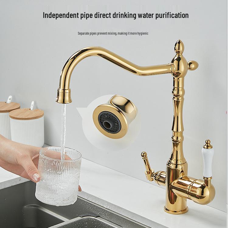 Antique Gold All-Copper 3-in-1 Kitchen Faucet: Hot/Cold Water for Sink & Vegetable Wash Basin, Splash-Proof Design
