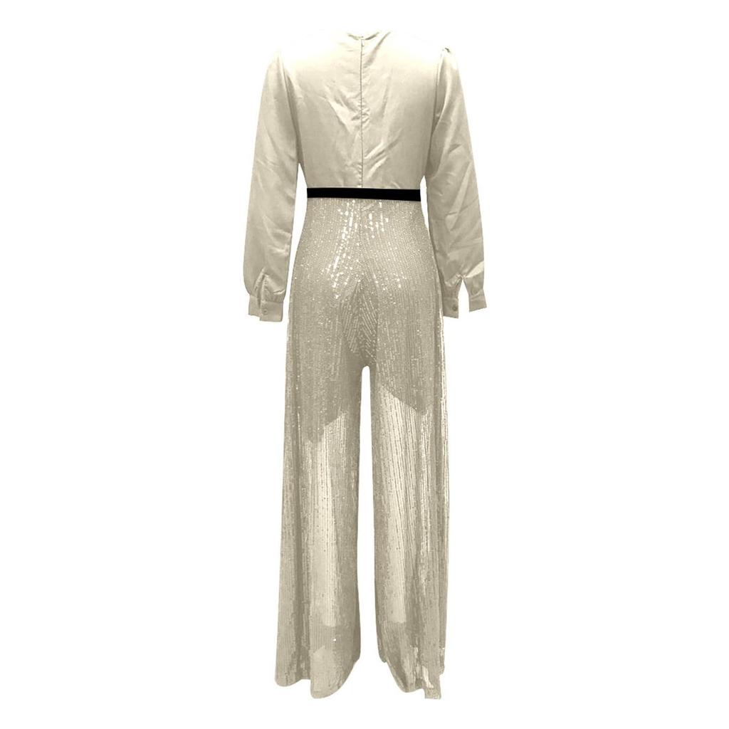 Damenmode V-Ausschnitt Langarmbluse Elegant Und Anmutig Tailliert Für Eine Schmeichelhafte Silhouette Paillettenverzierter Weiter Hosenanzug