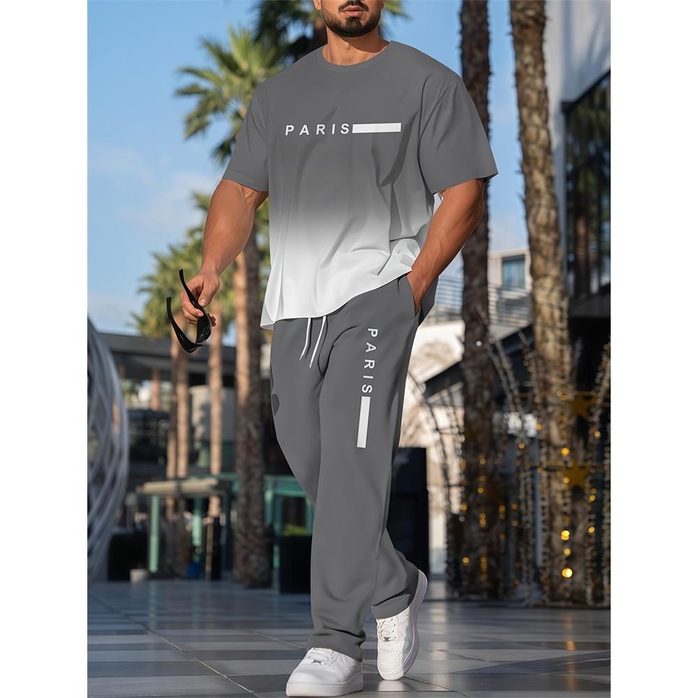 Simple Striped Printed Men's Casual Long Pants Set, Outdoor Street Fashion Trendy Men's Top And Casual Long Pants