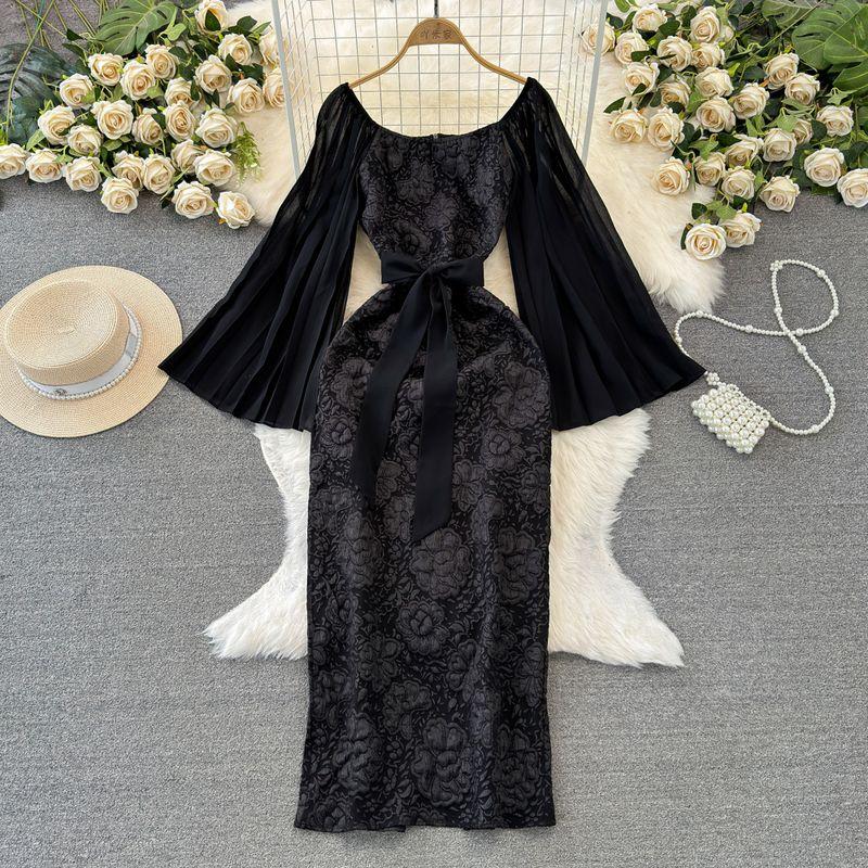 

Socialite Horn Long Sleeves Shoelace Jacquard Dress Dress Black S