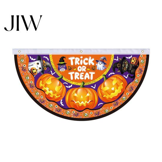 Reusable Holiday Porch Sign Halloween Semi Circle Bunting Banner, Pumpkin Bat Yard Decor, Decorative Fan Shaped Flags Spooky Festive Hanging Flag for