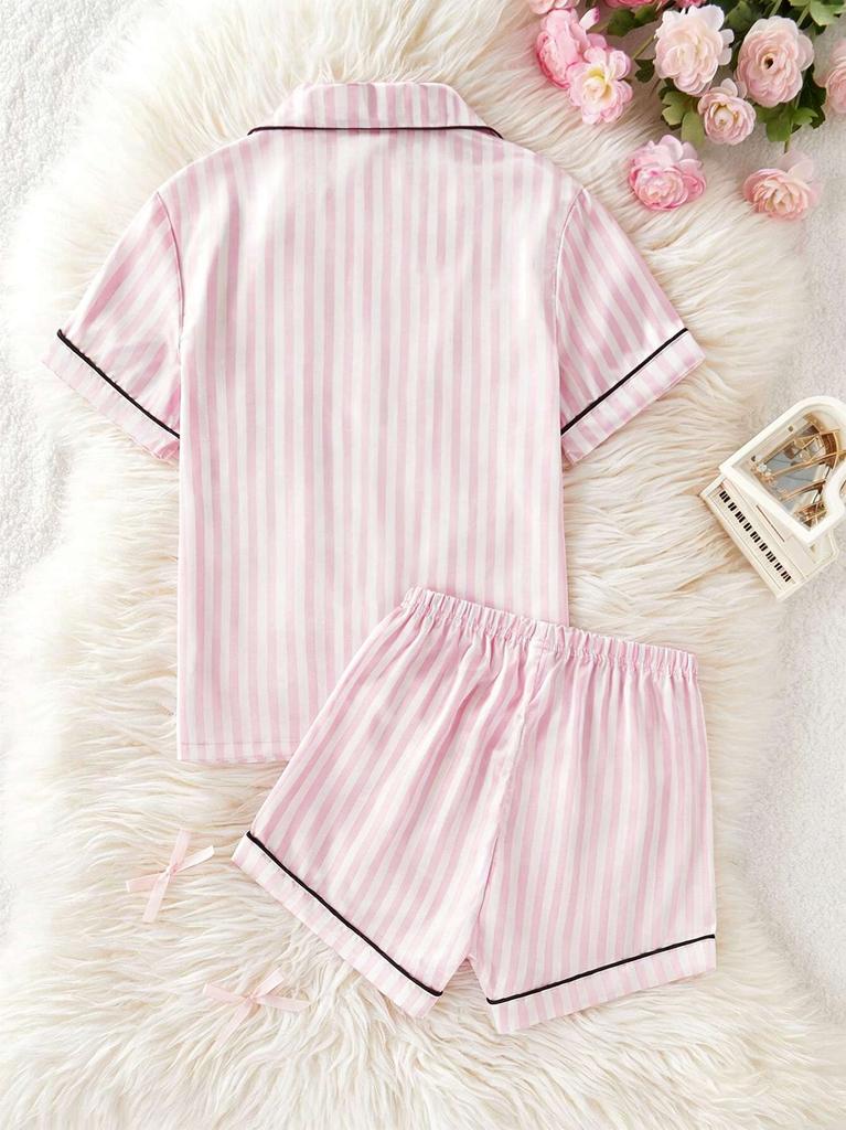 Girls Pink Striped Pajama Set, Short Sleeve Button-Down Sleepwear with Bow, Soft Loungewear for Kids 8-13 Years