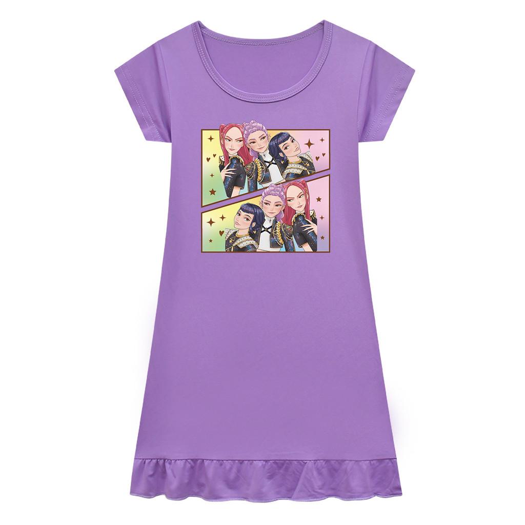 Kids Girls Anime Cartoon K-POP Rumi Print Pleat Short Sleeve Casual Round Neck Dress
