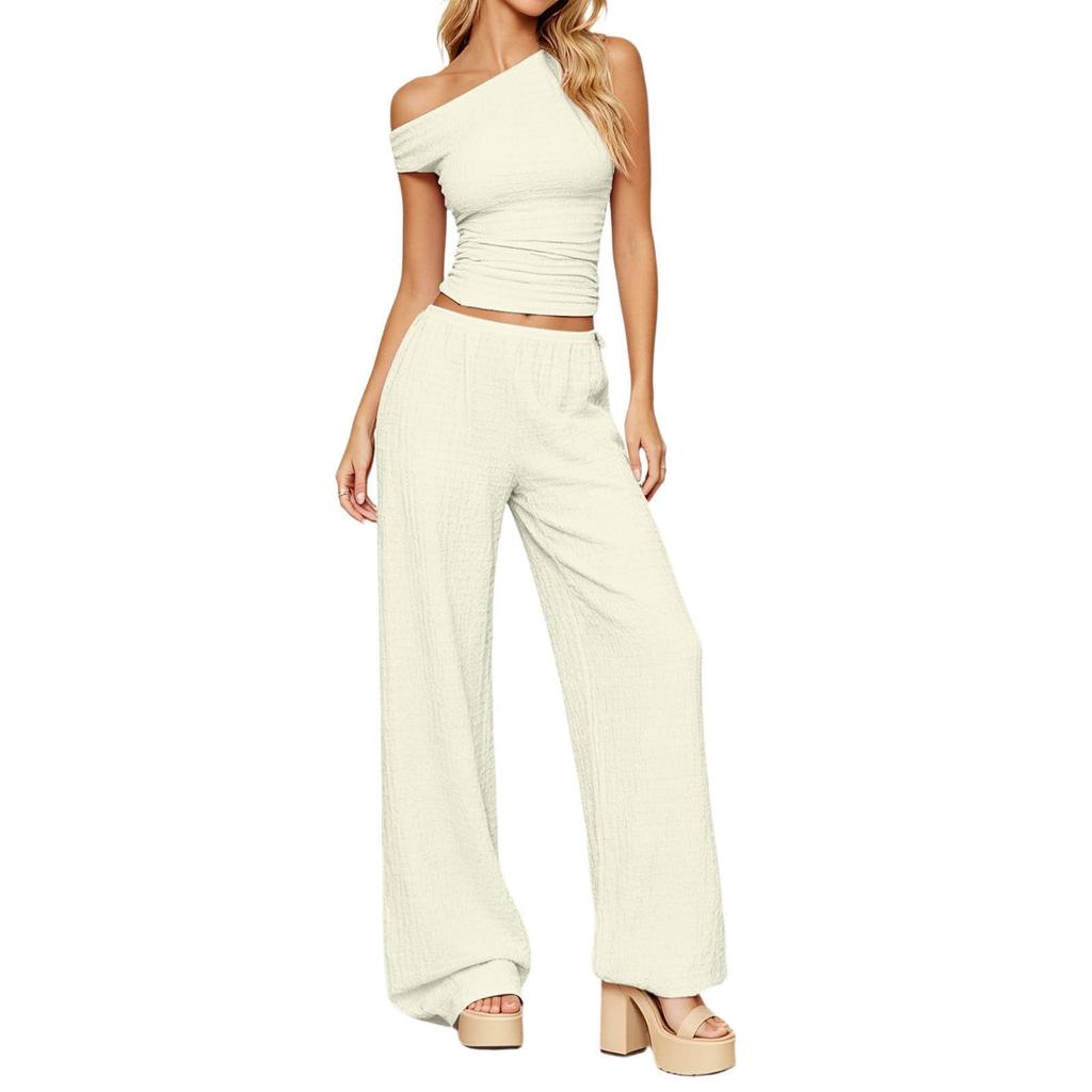 Damen Sommer Zweiteiler Ein Schulter Kurzarm Top Hohe Taille Weite Hosen Freizeit Outfit