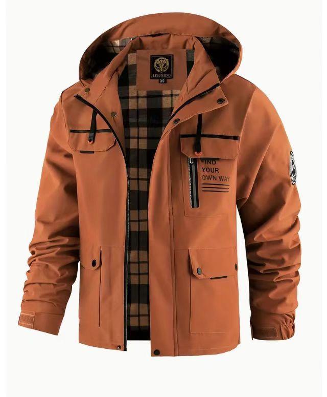 Men's Hooded Winter Jacket with Multiple Pockets, Red-Black Plaid Lining, and Adjustable Cuffs - Beige, Black, Army Green