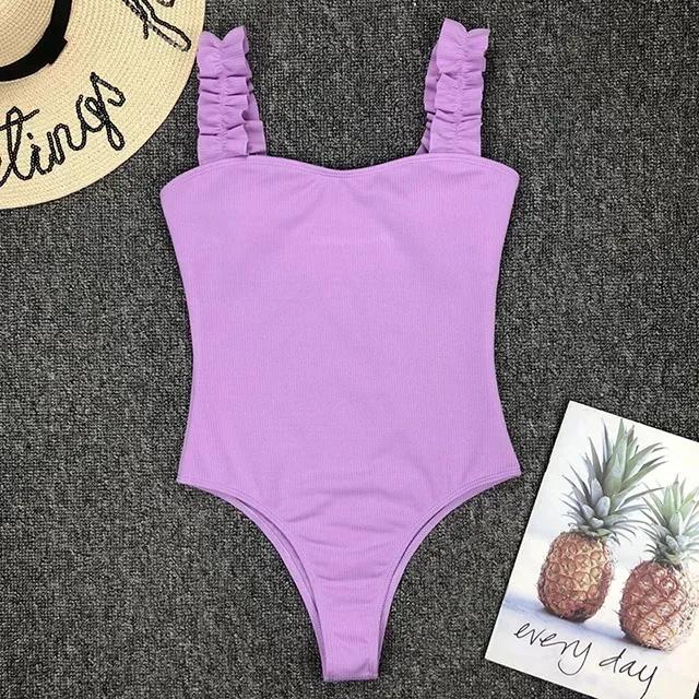 Sexy White Frill Trim Ruffled Ribbed Female Swimwear One Piece Swimsuit Women Monokini High Cut Bather Bathing Suit Swim Lady
