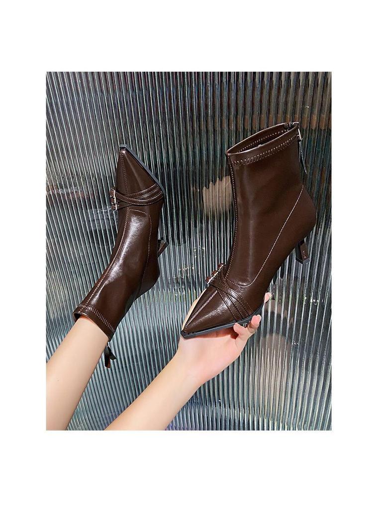 Women's Pointed Toe Stiletto Ankle Boots: Autumn/Winter 2025 - Zipper, Elastic, Versatile, High Heel, Short Tube Design.