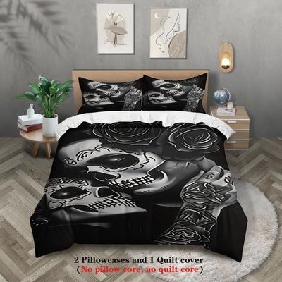 3pcs Skull And Rose Bedding Sets 3D Printed Black And White Duvet Cover Sets With Pillowcases No Filling
