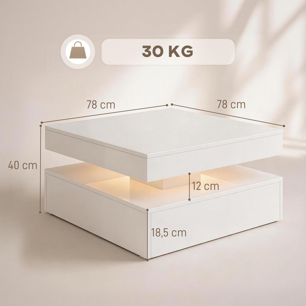 LED-Couchtisch mit Stauraum, 2-stufiger moderner Mitteltisch mit offenem Fach und Fernbedienung für das Wohnzimmer, Hochglanz Weiß