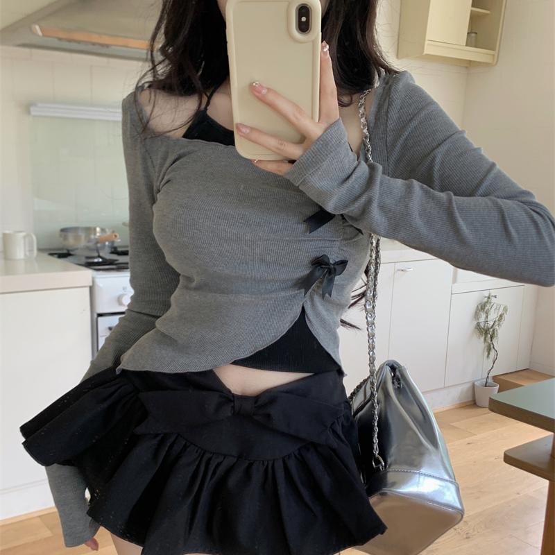 Sweet Cute Girly Style Irregular Long-sleeved T-shirt Halter Top Hot Girl Suit Female Autumn Two-piece Set Chic