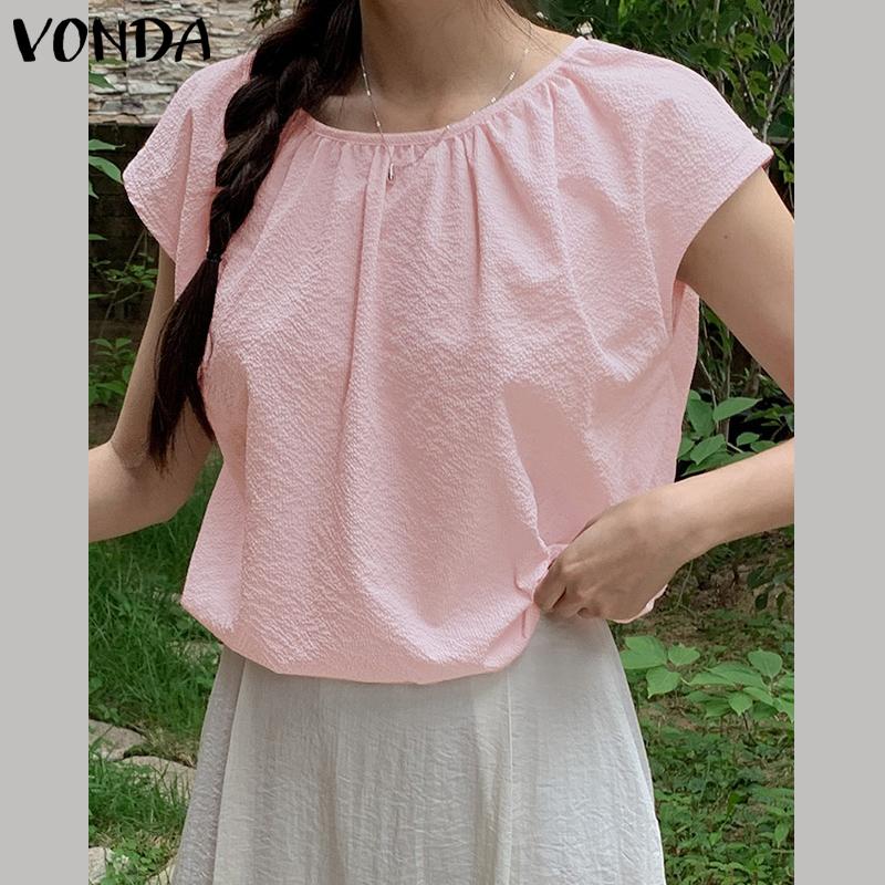 

VONDA женская летняя однотонная повседневная блузка из фактурной ткани с круглым вырезом и короткими рукавами