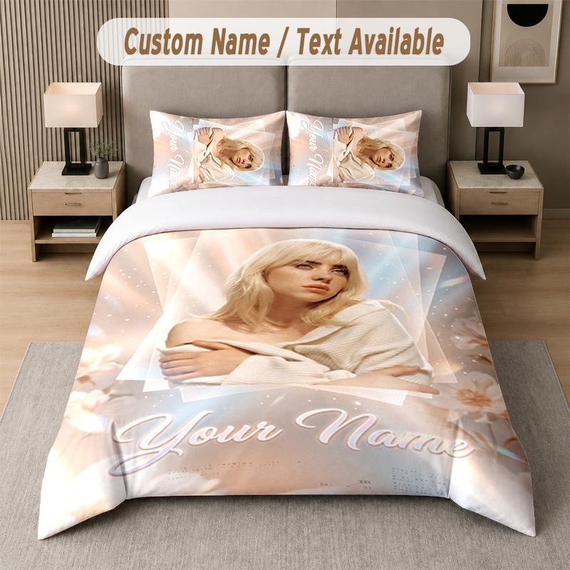 Billie Eilish 3Pcs Bedding Set, Personalized Custom Name Text, 1 Duvet Cover & 2 Pillowcases For Bedroom